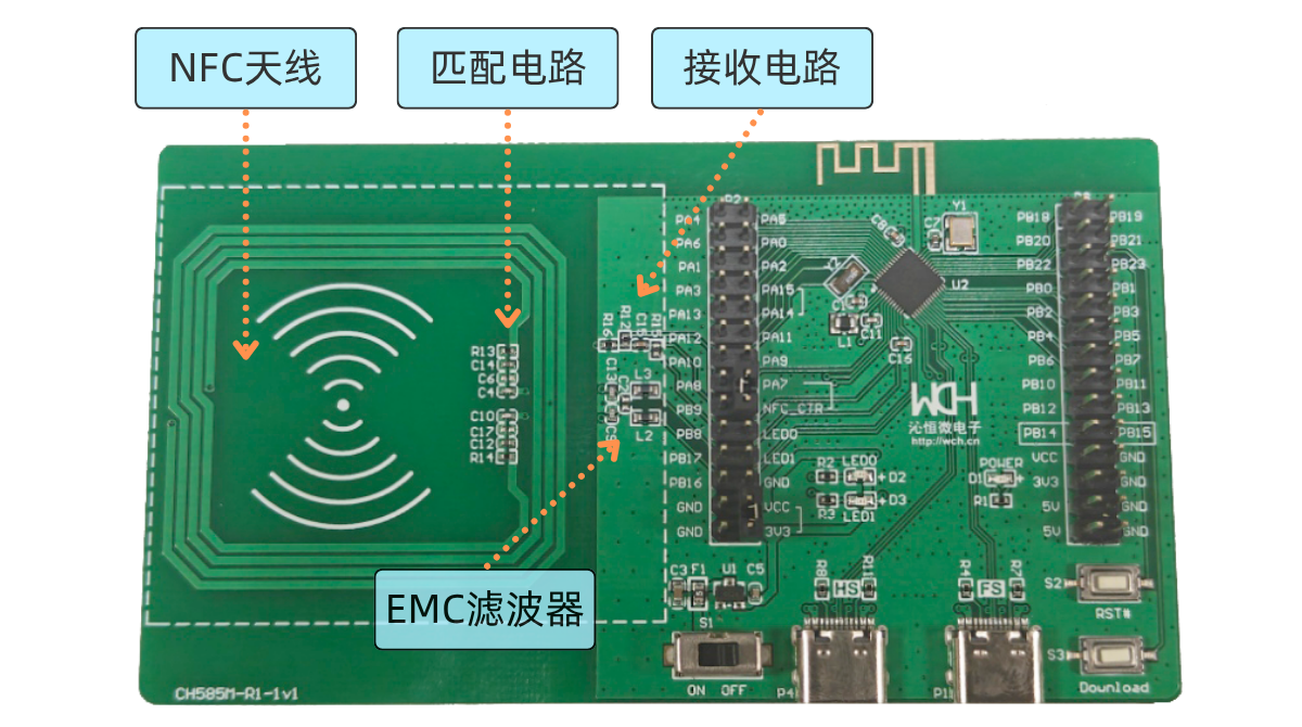CH585M-EVT-R1 上的 NFC 天线及电路